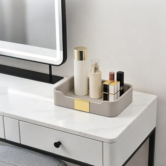 Luxury Leather Valet Tray Desktop Storage Organizer,Bedside Vanity Catchall Tray Nightstand Caddy Holder for Cosmetic,Jewelry,Watch,Keys,Phone,Wallet,Remote Controller,Pen,Gray - Image 4