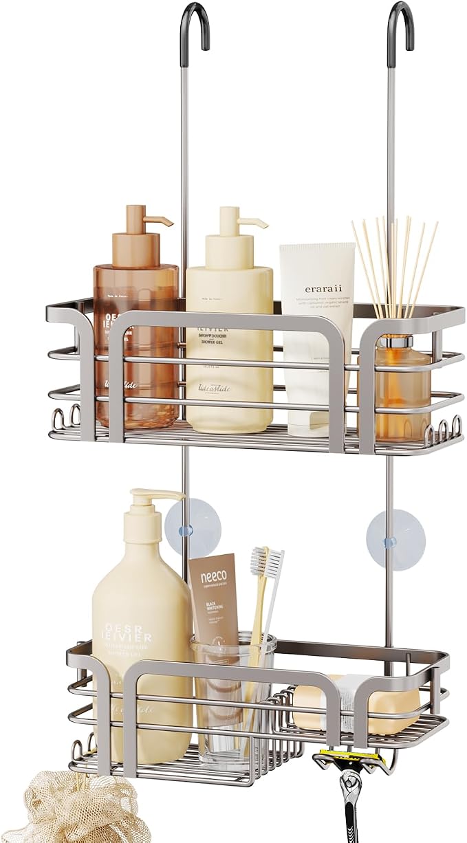 SWTYMIKI Shower Caddy Hanging Organizer - Over the Door Shower Caddy with Soap Holder, 11 Hooks, 2 Installation Ways, Stainless Steel Rustproof Bathroom Organizer, Sand Nickel by SwtyMiki-TidyHomeSweetLife