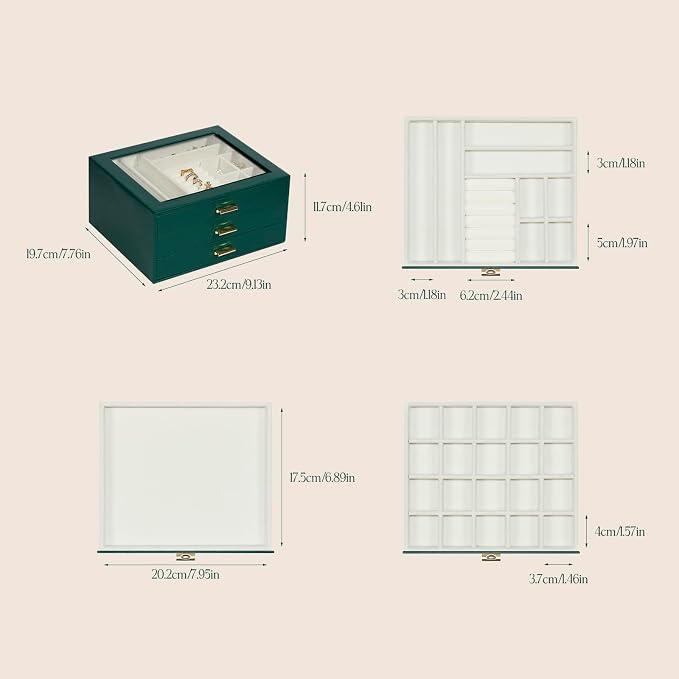 Jewelry Box Organizer with 3 Drawers,Glass Lid Jewelry Boxes for Women,Jewelry Storage for Rings,Necklaces,Earrings,Bracelets,Interesting Gift,Green - Image 6