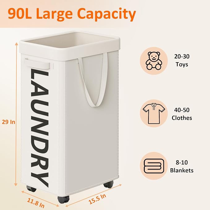 Optish 2 Pack Rolling Laundry Basket with Wheels, 90L Hamper with Wheels and Removable Mesh Bag, White Laundry Baskets on Wheels for Bedroom, Dorm, Clothes Hamper Organizer - Image 3