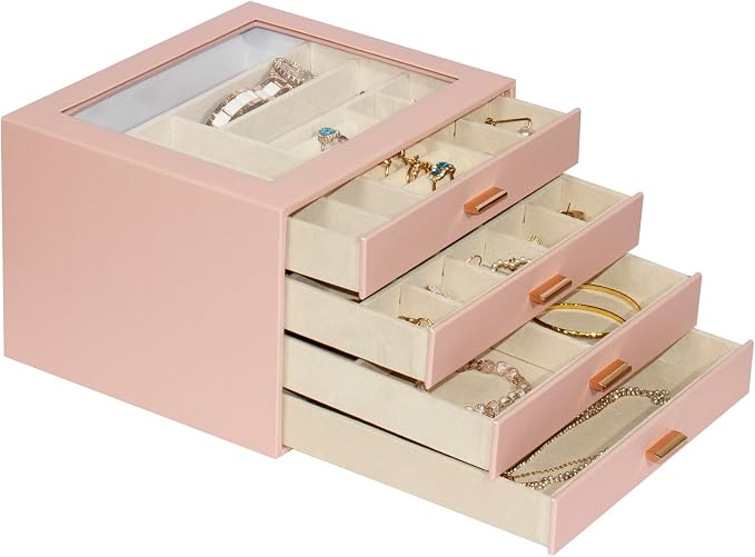Jewelry Box with Glass Lid, 4-Layer Jewelry Organizer for Women Girls, PU Leather Display Case with 20-Grid Earring Tray & Movable Dividers for Necklaces Rings,Pink - Image 7