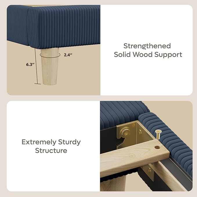 Bestier Full Bed Frame with Adjustable Headboard, LED Lighting, Vertical Channel Tufted Corduroy Upholstered, Solid Wooden Slats Support, No Box Spring Needed, Never Squeaks, Easy Assembly,Blue