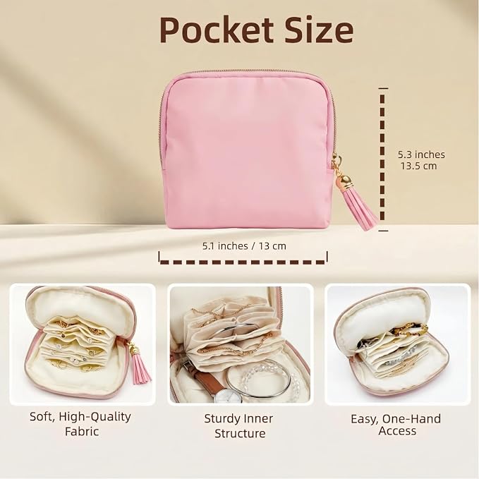 Mini Travel Jewelry Case, Small Jewelry Organizer, Jewelry Travel Case for Women, Portable Travel Jewelry Organizer Bag, Travel Jewelry Box – 5.3 × 5.1 inches (Pink) - Image 4