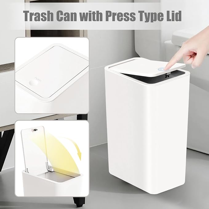 TIPGO Bathroom Trash Can with Lid, 10 Liter/ 2.6 Gallon Slim Garbage Can, Small Trash Bin Waste Basket with Pop-Up Lid for Kitchen, Bedroom, Living Room, Office (White) - Image 4