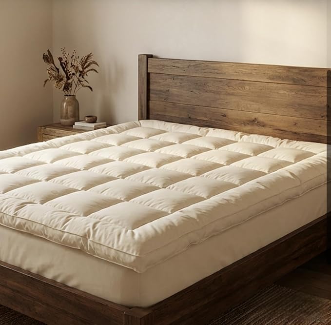 100% Merino Wool Mattress Topper for Back Pain Relief Natural Handmade Merino Wool Pad 2 Inches Thick Cooling Breathable with 2 Elastic Straps, Ivory Queen 60x80 Inches