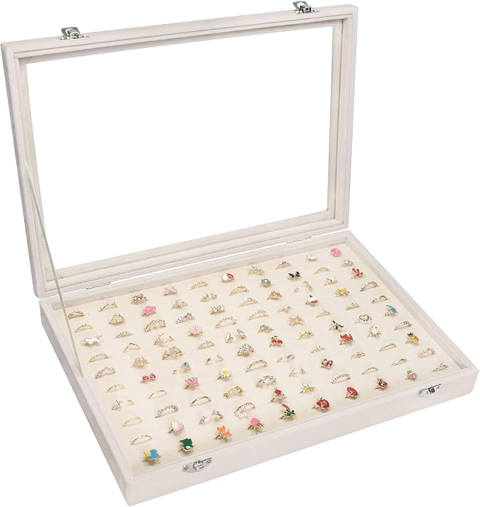 Vicoter Rings Organizer Tray 100 Slot Velvet Ring Earring Storage Box TranSparent Cover Jewelry Store Ring Display Box Jewelry Display Cabinet for Girl Wife Mother by Vicoter