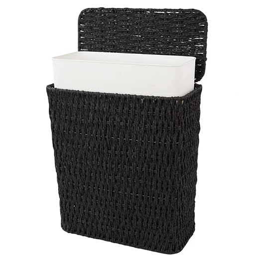 Coeusy 3 Gallon Paper Rope Bathroom Trash Can,Small Wicker Trash Cans with Lid and Liner,Woven Rattan Narrow Waste Basket for Bedroom,Office,Black by WEAVECOMFORTINTOEVERYCORNER