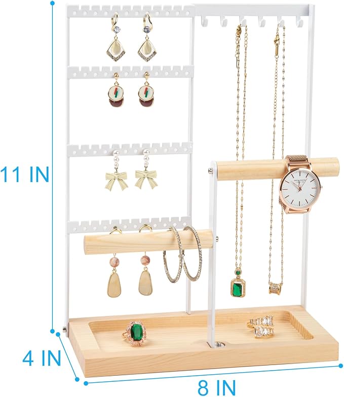 Jewelry Organizer Stand, Jewelry Holder, Lengnoy 4 Tier Earring Holder with 48 Holes and 6 Hooks Necklace Organizer Wood Box for Necklace Bracelet Earring Ring, White - Image 4