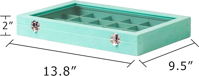Frebeauty Jewelry Organizer Tray with Clear Lid 24 Grid Velvet Drawer Insert Jewelry Storage box with Transparent Glass lid Jewelry Display Case with Lock Gifts for Girls Women (Turquoise, 24 Grid) - Image 2