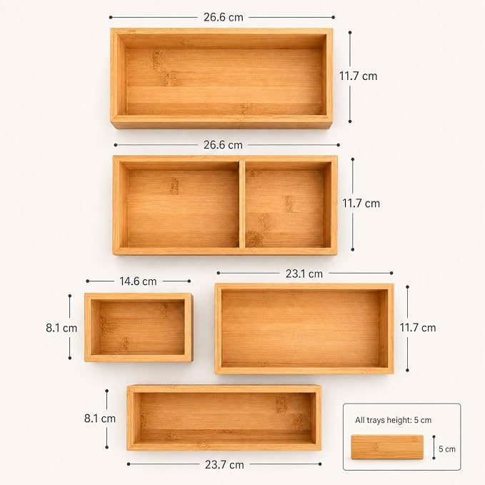 5-Piece Bamboo Drawer Organizer Set – Versatile Storage Trays for Kitchen, Bathroom, Office, Makeup, Jewelry & More – Drawer Dividers, Utensil Organizer & Storage Bin Set (5 Pieces) - Image 3