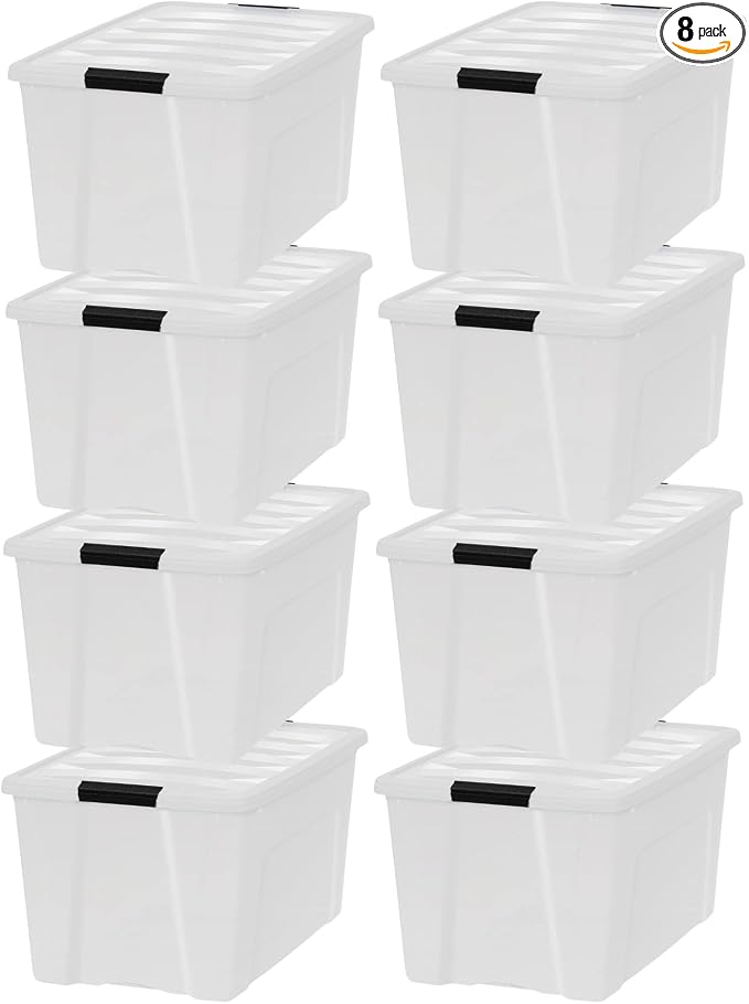 IRIS USA 72 QT Plastic Storage Box with Lid and Latches - 8 Pack - BPA-Free, Discreet Organizing Solution, Durable Nestable Stackable Containers, Secure Pull Handle - Pearl by IRISUSA