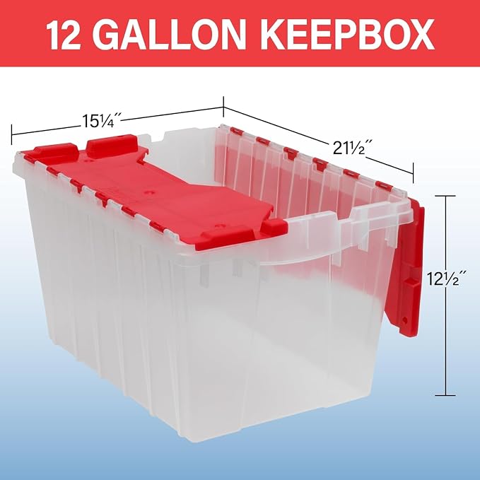 Akro-Mils KeepBox 12 Gallon Storage Container, Nesting and Stackable Plastic Storage Box with Lid Attached, Clear Tote for Garages, Closets, and Moving, 21-1/2" x 15" x 12-1/2", Clear/Red - Image 3