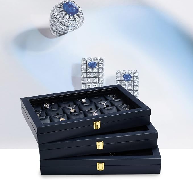 Oirlv 12 Gird Jewelry Tray with Acrylic Lid Premium Blue Leather Jewelry Organizer Box Transparent Lid Bracelet Bangle Small Watch Storage Case for Women Gift - Image 8