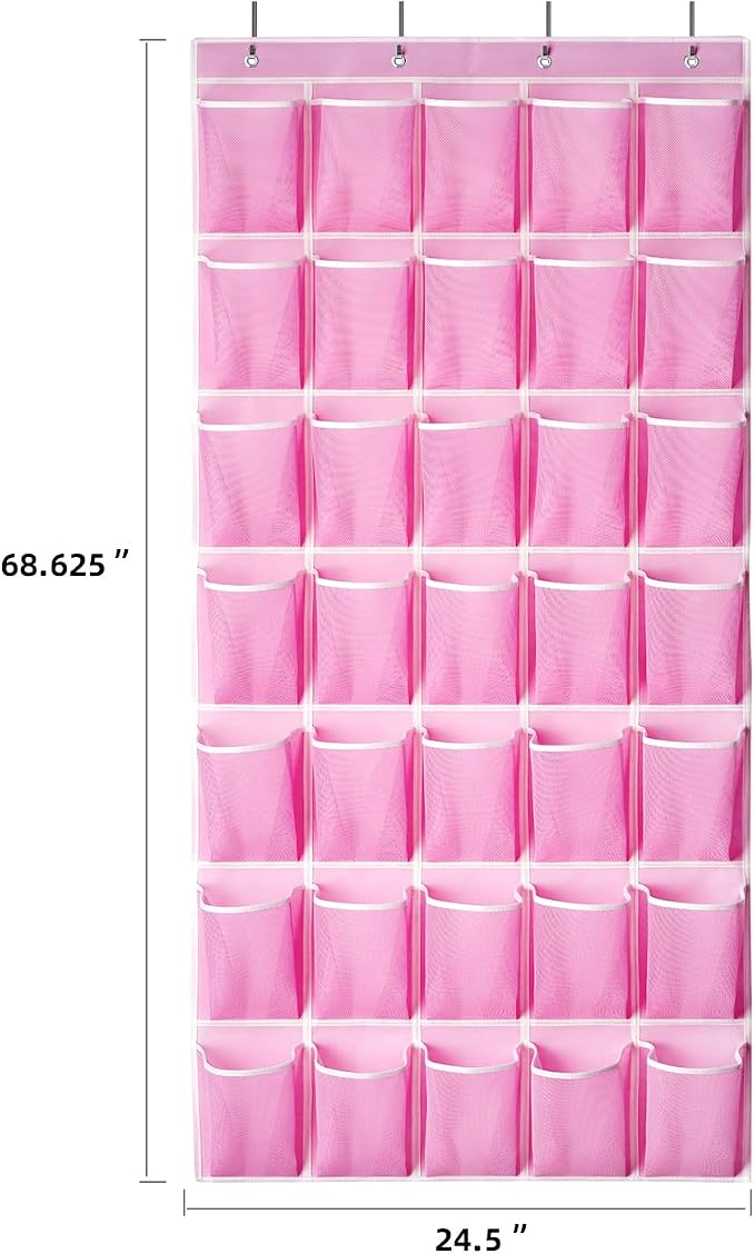 SAVERHO 35 Pockets Over the Door Shoe Organizer, Hanging Shoe Organizer for Door with 35 Mesh Pockets Large Capacity Shoe Hanging Storage Bag with 4 Metal Hooks (Pink-1Pack) - Image 2