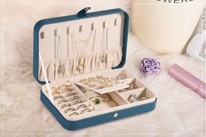 LANDICI Small Jewelry Box for Women Girls, PU Leather Travel Jewelry Organizer Case, Jewellery Storage Holder Display for Ring Earrings Necklace Bracelet Bangle Watch Men Kids Gift, Bluish Green - Image 8