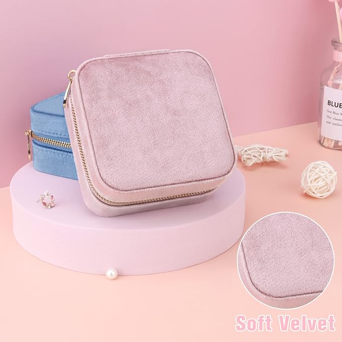 DesignSter Travel Jewelry Box - Velvet Mini Jewelry Organizer, Small Jewelry Case for Girls Women, Jewelry Storage Box for Rings Earrings Necklace (Square, Lotus Pink) - Image 5