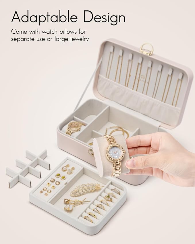 VLANDO 2 Layer Jewelry Box,Jewelry Organizer Storage Lockable Earring Organizer Removable Jewelry Tray with Watch Pillow for Neckable Ring Bracelets-Apricot Pink - Image 2