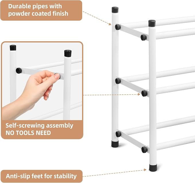 STORAGE MANIAC Expandable Shoe Rack, 12 Pairs Stackable Small Shoe Rack, Metal Adjustable Shoes Organizer for Closet, Entryway, Hallway, Garage, Front Door, Shoes Shelves, White 3 Tier - Image 6