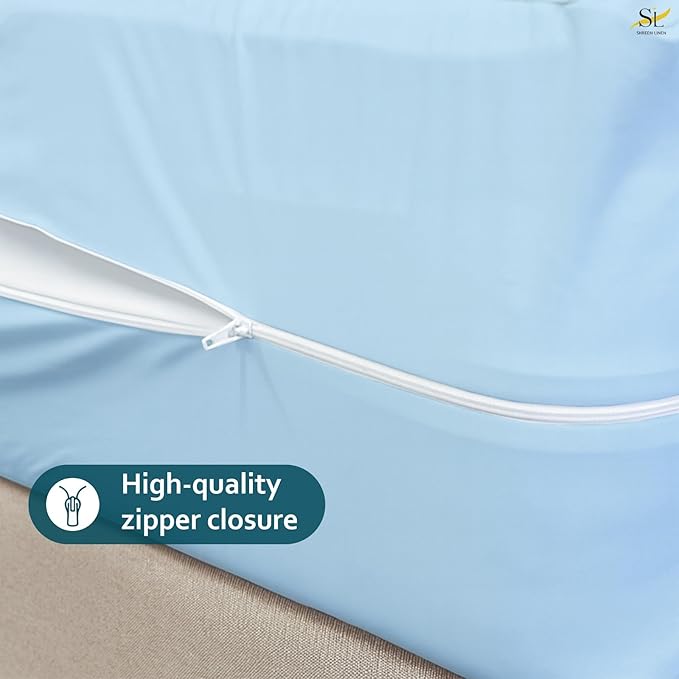 Mattress Protector Crib Size 100% Waterproof Zippered Cover, 6 Inches Deep, Six-Sided Mattress Encasement for Bed, Zipper Closure Style (Light Blue)