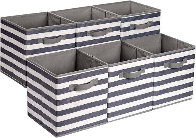 Amazon Basics Collapsible Fabric Storage Bins with Handles, Cube Organizer for Home Organization, 10.5"x10.5"x11", White/Light Grey Stripe, 6-Pack by AmazonBasics