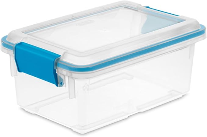 Sterilite 7.5 Qt Gasket Box, Stackable Storage Bin with Latching Lid and Tight Seal, Plastic Container to Organize Basement, Clear Base, Lid, 1-Pack by Sterilite