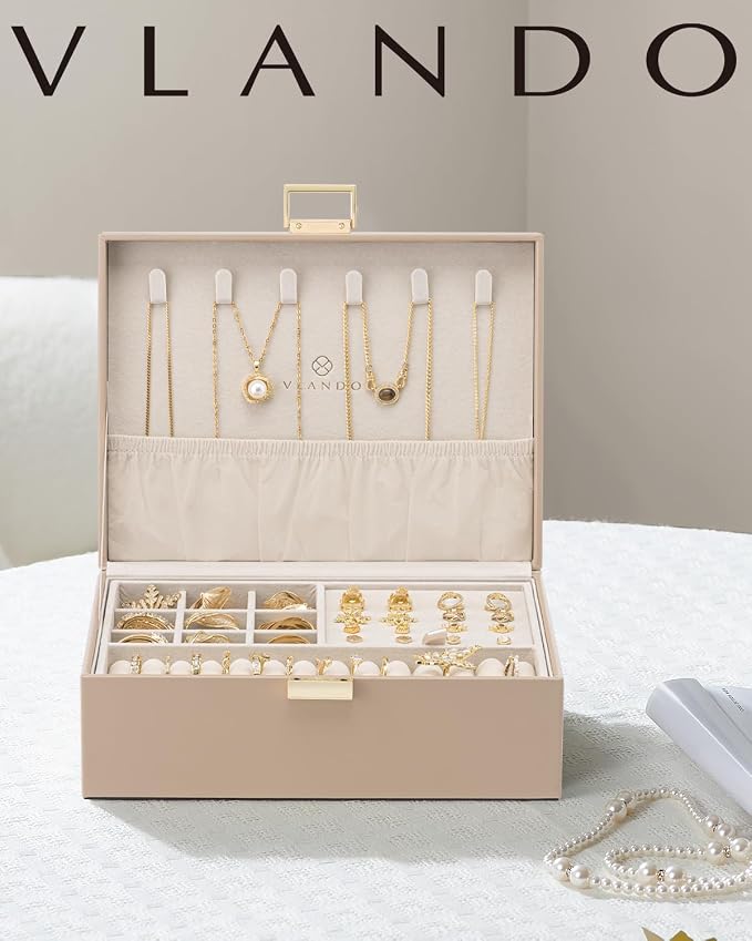 VLANDO Jewelry Box for Women, Gift for Women Girls,2 Layer Jewelry Box,Large Jewelry Organizer for Women Removable Jewelery Tray for Necklace Earrings Rings (Toffee) - Image 6