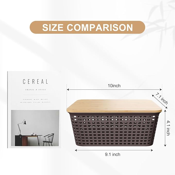 6Pcs Storage Bins with Lids, Stackable Plastic Storage Basket with Bamboo Lid, Pantry Organizer Box Small Containers for Organizing Shelves Drawer Desktop Closet Cabinet Office Classroom 10x7.1x4.1in - Image 2