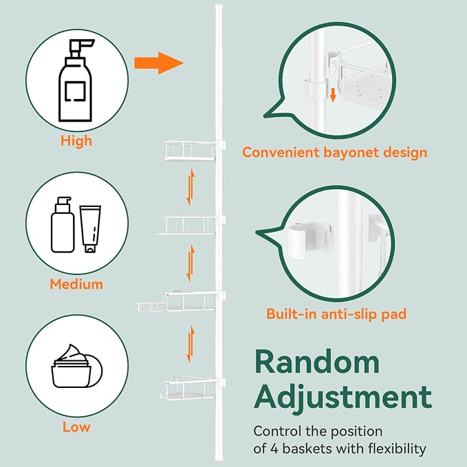 Corner Shower Caddy Tension Pole, 4 Tier Rustproof Shower Tension Rod Organizer, Adjustable 25-125 Inch Bathroom Shower Organizer Shelves for Bathtub Shampoo Storage, White - Image 5