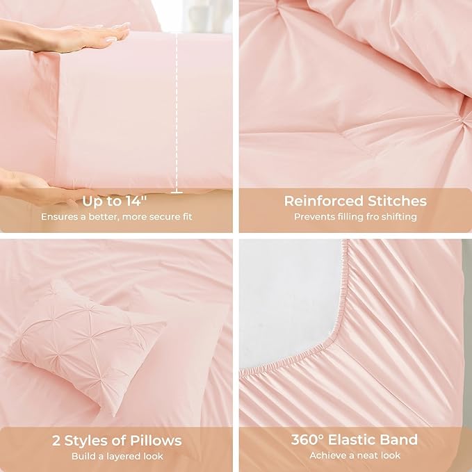 Sasttie Queen Comforter Set, 7-Piece Bed in a Bag, Pintuck Bedding Sets for All Season, Includes Comforter, Flat Sheet, Fitted Sheet, Pillowcases and Pillowshams, Blush Pink