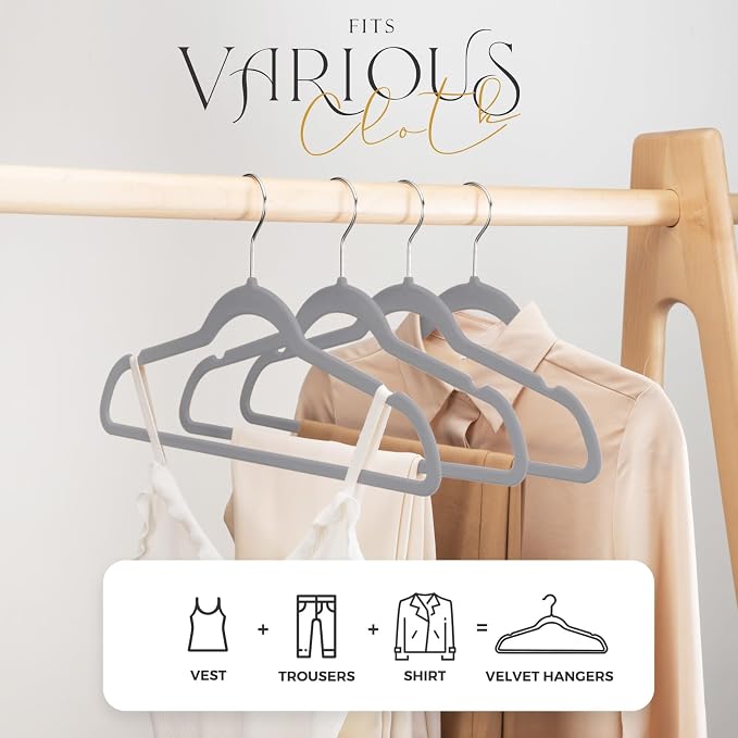 HOUSE DAY Premium Velvet Hangers 100 Pack Grey, Non-Slip Flocked Felt Hangers, Sturdy Clothes Hanger with 360° Rotatable Hook, Heavy Duty Durable Slim Coat Hanger for Closet Space Saving - Image 2