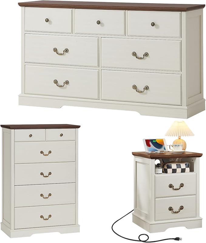 Farmhouse Dressers & Night Stand Set of 3,54" Wide 7 Drawer Dresser & 45" Tall Chest of Drawers, 18" Wide 2 Drawers End Table with Charging Station,Furniture Dresser Sets for Home,White