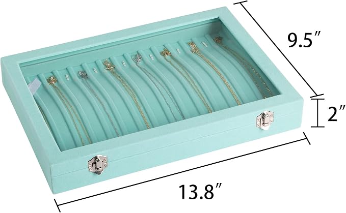 Frebeauty 15 Hooks Necklace Tray Velvet Neckalce Organizer with Clear Lid Lockable Necklace Holder Box Jewelry Organizer for Pendants Chains Necklace Jeweley Tray for Women Girls(Turquoise) - Image 2