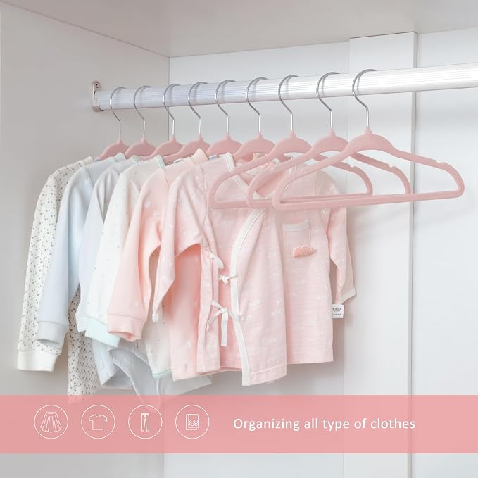 ManGotree Velvet Baby Clothes Hangers, Baby Toddler Kids Hangers with Swivel Hook, Notched Shoulder Design for Kids and Children Clothes (30 Pack, Light Pink) - Image 6