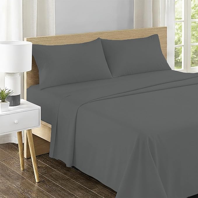 Feather & Stitch 500 TC Full Size 4pc Damask Bed Sheet Set, 100% Soft Cotton Breathable Bedsheets, 18" Deep Pockets Sateen Weave Solid Bedding Mattress Resort Hotel Luxury Decor - (Charcoal Slate)