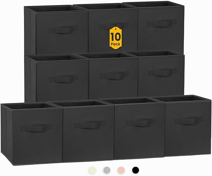 Criusia Storage Cubes, 11 Inch Clothes Storage Bins for Shelves Closet (10 Pack), Fabric Collapsible Storage Bins with Dual Handles, Cubby Storage Baskets Boxes, College Dorm Room Essentials (Black) by Criusia