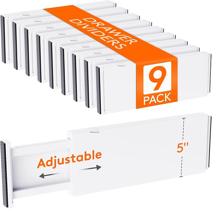 Lifewit 9 Pack 5" High Drawer Dividers 34-56cm/13.5-22" Adjustable Drawer Organizer for Clothes/Utensils, Expandable Drawer Separator in Dresser/Kitchen/Bedroom/Office Organization & Storage White by Lifewit