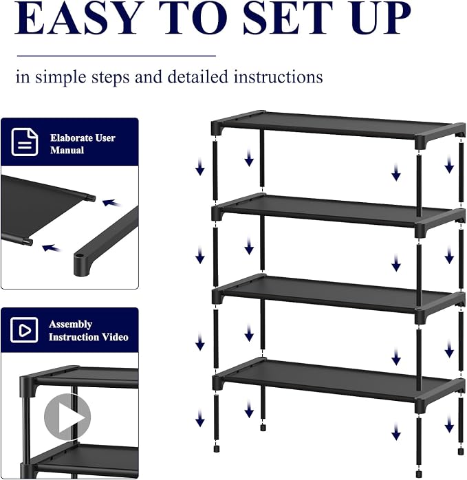 Kitsure Shoe Rack - Non-Woven Shoe Rack Shelf, Shoe Organizer for Closet, Entryway, Garage & Corridor, Stackable Shoe Shelves, X-Large, Black - Image 4