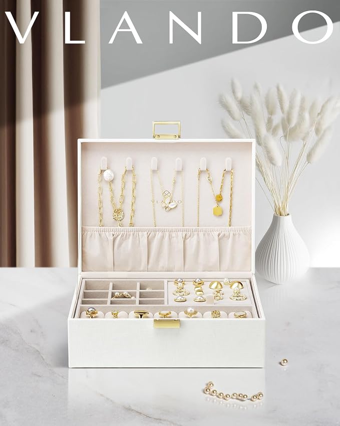 VLANDO Jewelry Box for Women, Gift for Women Girls,2 Layer Jewelry Box,Large Jewelry Organizer for Women Removable Jewelery Tray for Necklace Earrings Rings(Cream White) - Image 6