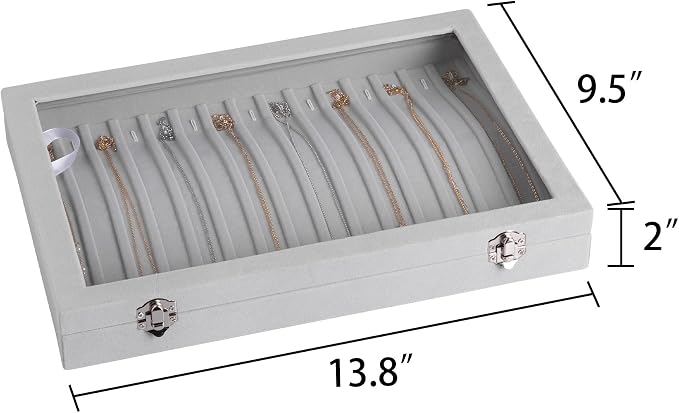Frebeauty 15 Hooks Necklace Tray Velvet Neckalce Organizer with Clear Lid Lockable Necklace Holder Box Jewelry Organizer for Pendants Chains Necklace Jeweley Tray for Women Girls(Grey) - Image 2