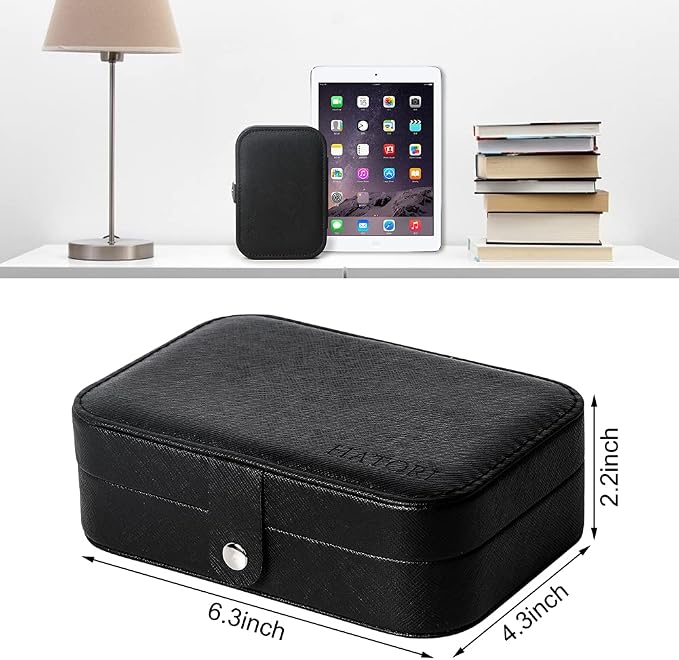 Hatori Travel Jewelry Box, PU Leather Small Jewelry Organizer for Women Girls, Portable Mini Travel Case Display Storage Holder Boxes for Stud Earrings, Rings, Necklaces, Bracelets (Black Beige) - Image 6