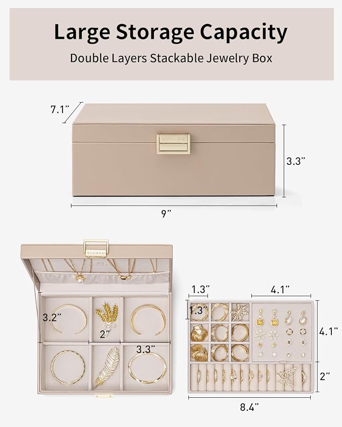 VLANDO Jewelry Box for Women, Gift for Women Girls,2 Layer Jewelry Box,Large Jewelry Organizer for Women Removable Jewelery Tray for Necklace Earrings Rings (Toffee) - Image 3