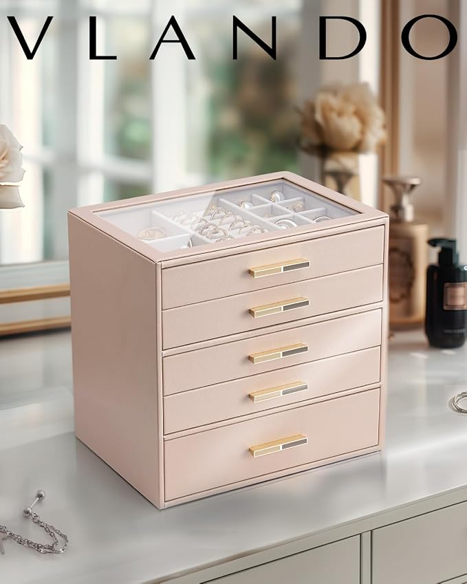 VLANDO 5 Layer Jewelry Box for Women, Glass Lid Jewelry Organizer with 5 Drawers for Necklaces Rings Earrings Bracelets - Toffee - Image 7