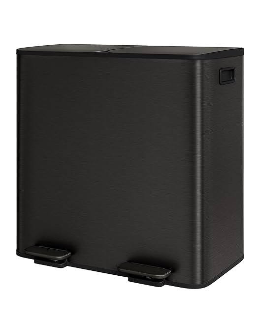 GarveeHome 2 x 10.6 gal (2 x 40 L) Double Kitchen Trash Can, Stainless Steel Large Trash Can w/Soft-Close Lid & Recycle Bin Combo, Step-on Metal Garbage Cans, PP Inner Buckets, Liner Rim, Black by GarveeHome