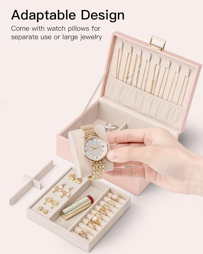 VLANDO 2 Layer Jewelry Box Large Jewelry Organizer for Mothers Day Mom Gifts Jewelery Tray with Watch Pillow for Necklace Earrings Rings Bracelets Jewelry Boxes for Holidays Gifts (Pink) - Image 3