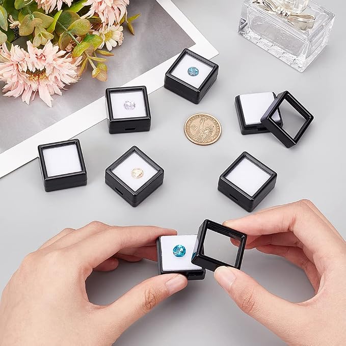 BENECREAT 36 Pcs Black Gemstone Display Box Plastic Transparent Bare Stone Box Black Square Jewelry Box 1.16x1.16x0.65 Suitable for Gemstone, Jewelry, Crystal Diamond Accessories Display - Image 3