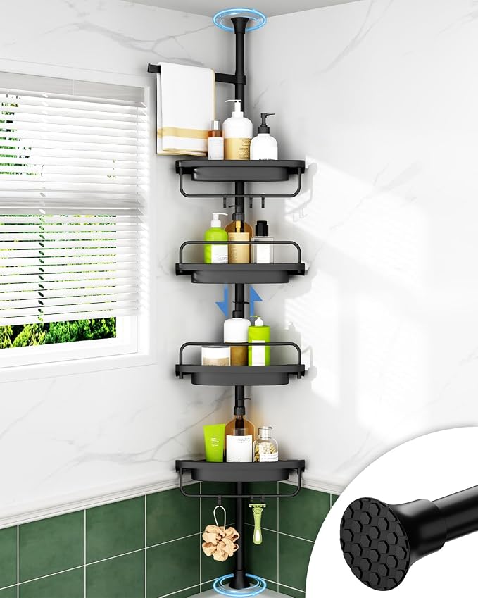 ALLZONE Corner Shower Caddy Tension Pole, Extendable Rustproof Stainless Steel Pole & 4-Tier Adjustable Shelves for Easy Drainage and Built-to-Last Stability, 34 to 116 Inches, Black by ALLZONE