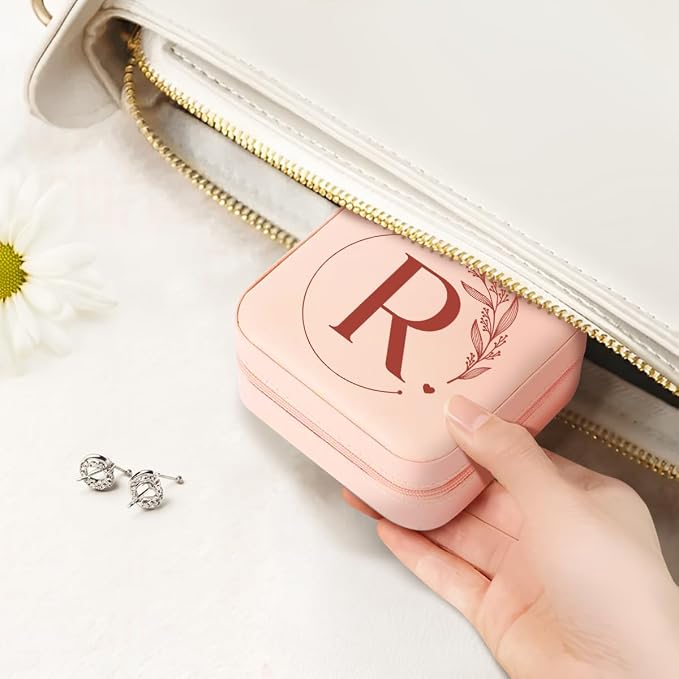 SANDJEST Personalized Jewelry Box, Pink Small Travel Jewelry Box with Initial R, Monogrammed Jewelry Case Organizer for Girls Women Teen, Mini Travel Essentials Gifts for Christmas Birthday - Image 6