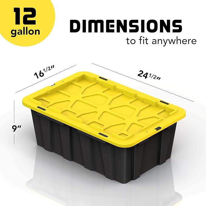 8 PACK Medium Black & Yellow Storage Bins | Plastic Tote Organizing Container with Secure Latching Lids, Stackable, Extra Strength with Built in Handle | Black and Yellow Bins | 24.5" x 16.5" x 9" - Image 3