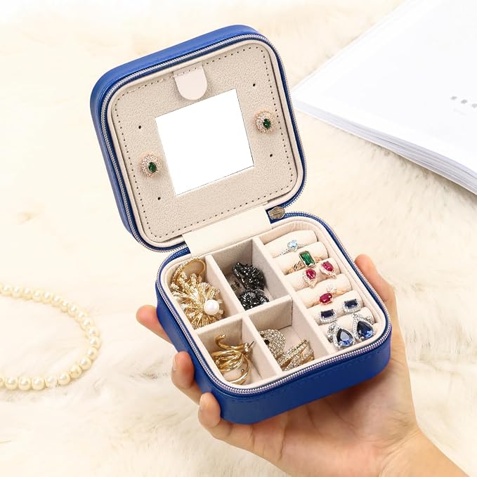 TRODANCE Jewelry Travel Case with Mirror,Small Travel Jewelry Organizer, Portable Jewelry Box Travel Mini Organizer Portable Display Storage Box For Rings Earrings Necklaces (NavyBlue) - Image 2