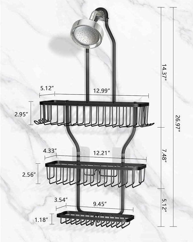 Shower Caddy Hanging - Never Rust Shower Hanging Organizer - Aluminum Over the ShowerHead Caddy with Soap Basket and 6 Hooks for Razor/Sponge (Black) - Image 2
